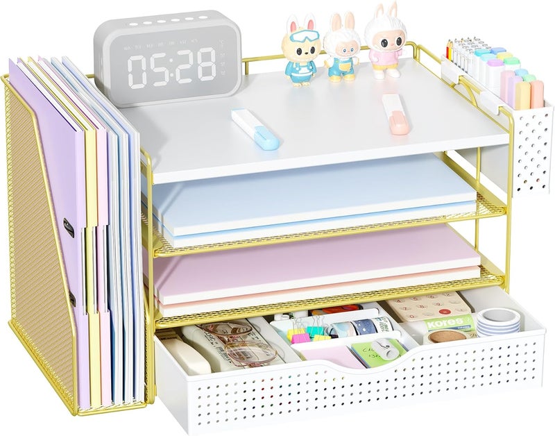 gianotter Wood Desk Organizers and Accessories with File Holder, 4-Tier Desk Accessories & Workspace Organizers with Drawer and Pen Holder, Paper Organizer for Office Supplies (Gold) - Image 1